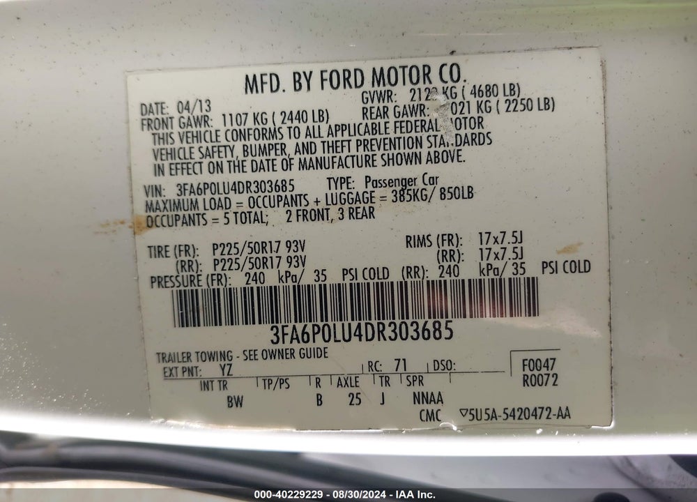 2013 FORD FUSION HYBRID SE VIN: 3FA6P0LU4DR303685