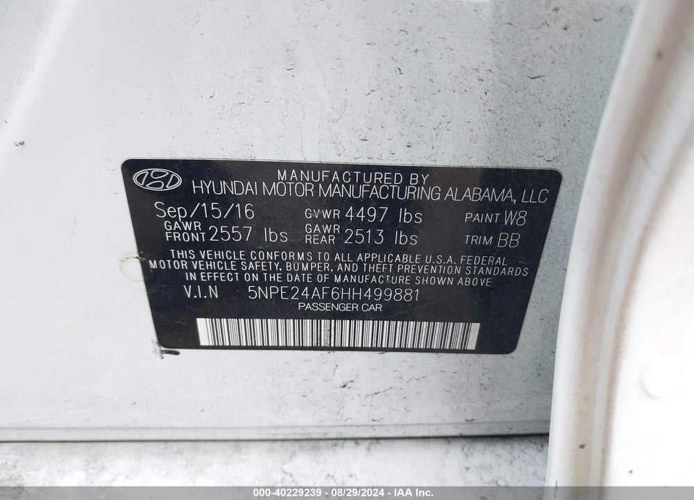 2017 HYUNDAI SONATA VIN: 5NPE24AF6HH499881