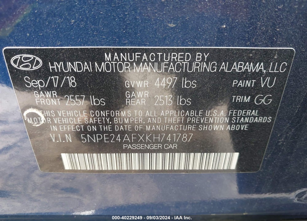2019 HYUNDAI SONATA SE VIN: 5NPE24AFXKH741787