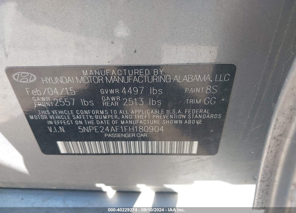 2015 HYUNDAI SONATA SE VIN: 5NPE24AF1FH180904