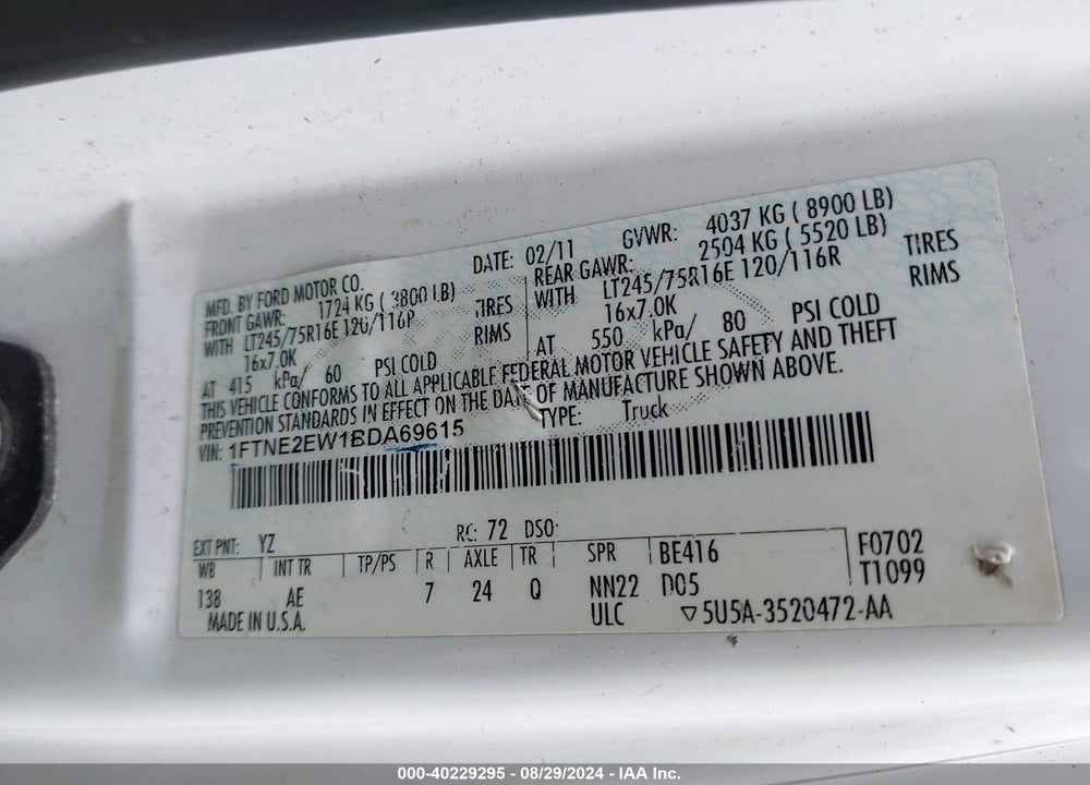 2011 FORD E-250 COMMERCIAL VIN: 1FTNE2EW1BDA69615