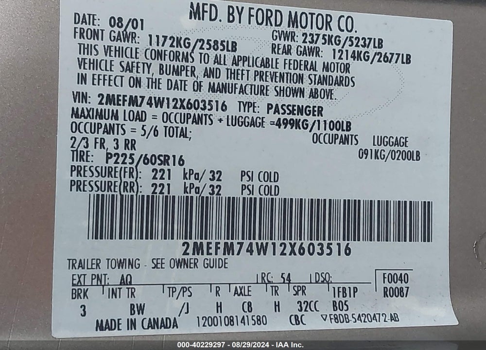 2002 MERCURY GRAND MARQUIS GS VIN: 2MEFM74W12X603516