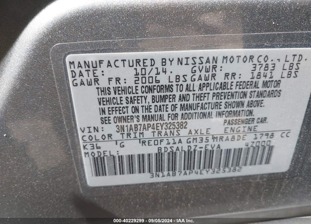 2014 NISSAN SENTRA SV VIN: 3N1AB7AP4EY325382