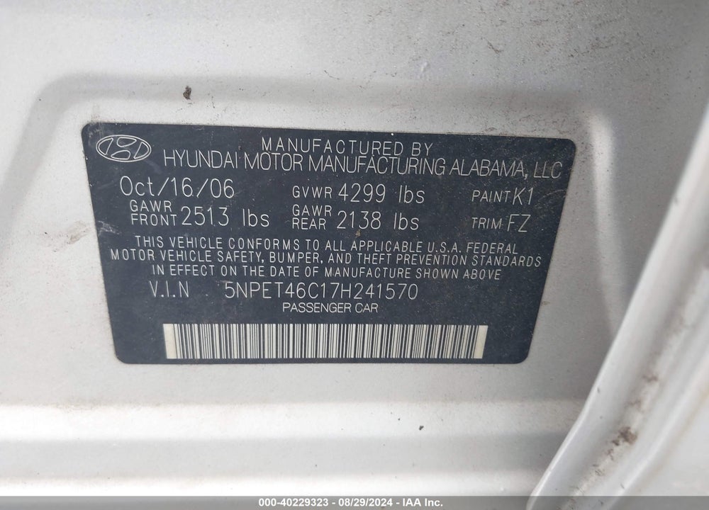 2007 HYUNDAI SONATA GLS VIN: 5NPET46C17H241570