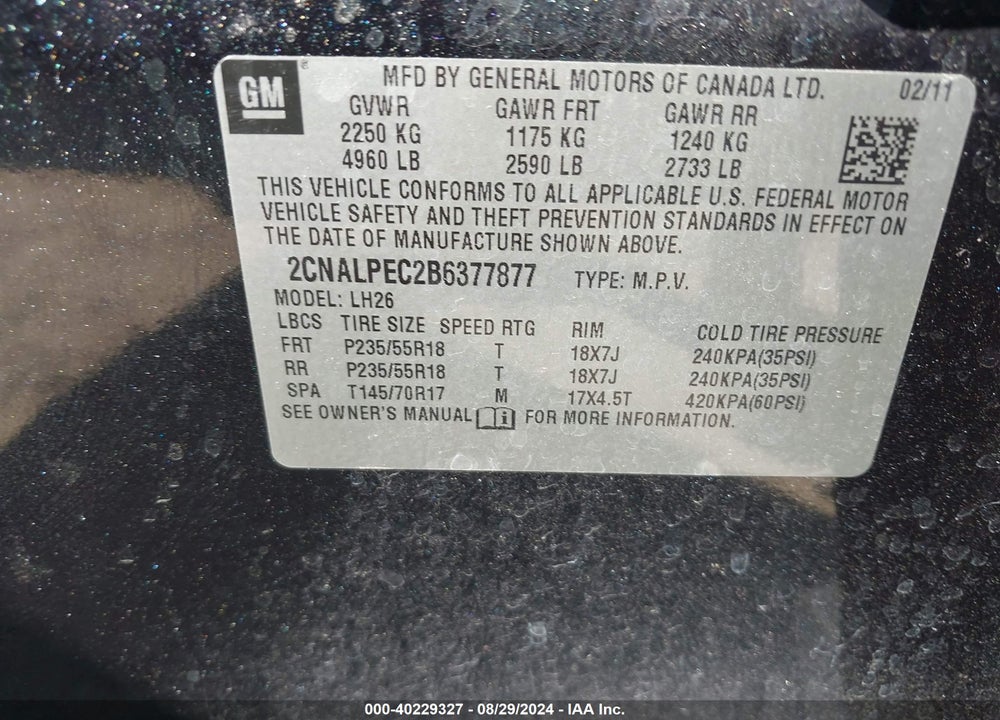 2011 CHEVROLET EQUINOX 2LT VIN: 2CNALPEC2B6377877