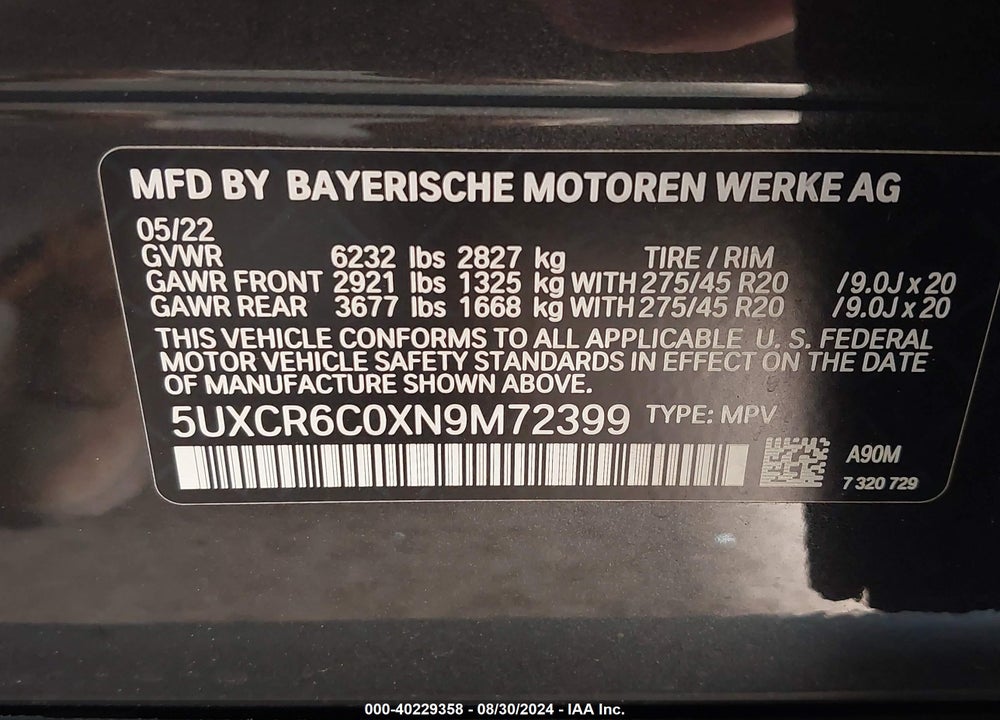 2022 BMW X5 XDRIVE40I VIN: 5UXCR6C0XN9M72399