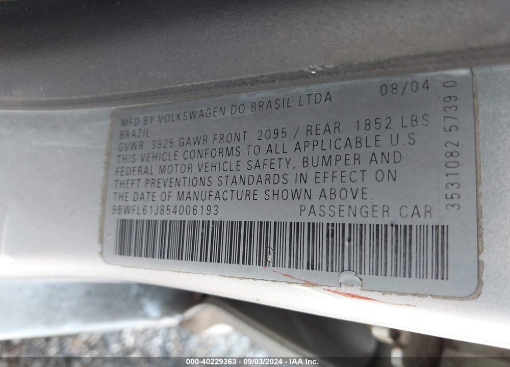 2005 VOLKSWAGEN GOLF GL 2.0L VIN: 9BWFL61J854006193