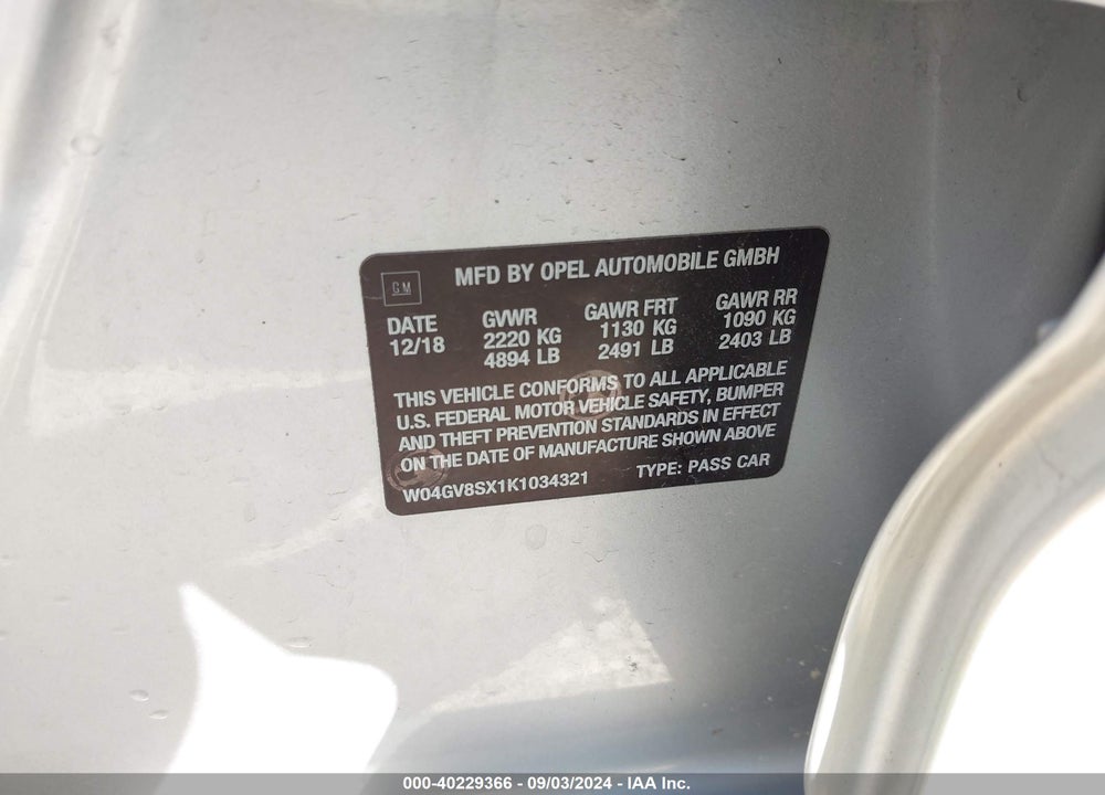 2019 BUICK REGAL TOURX VIN: W04GV8SX1K1034321