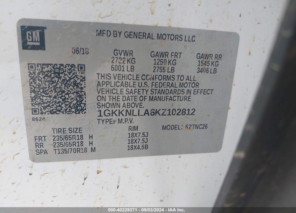2019 GMC ACADIA SLE-2 VIN: 1GKKNLLA6KZ102812