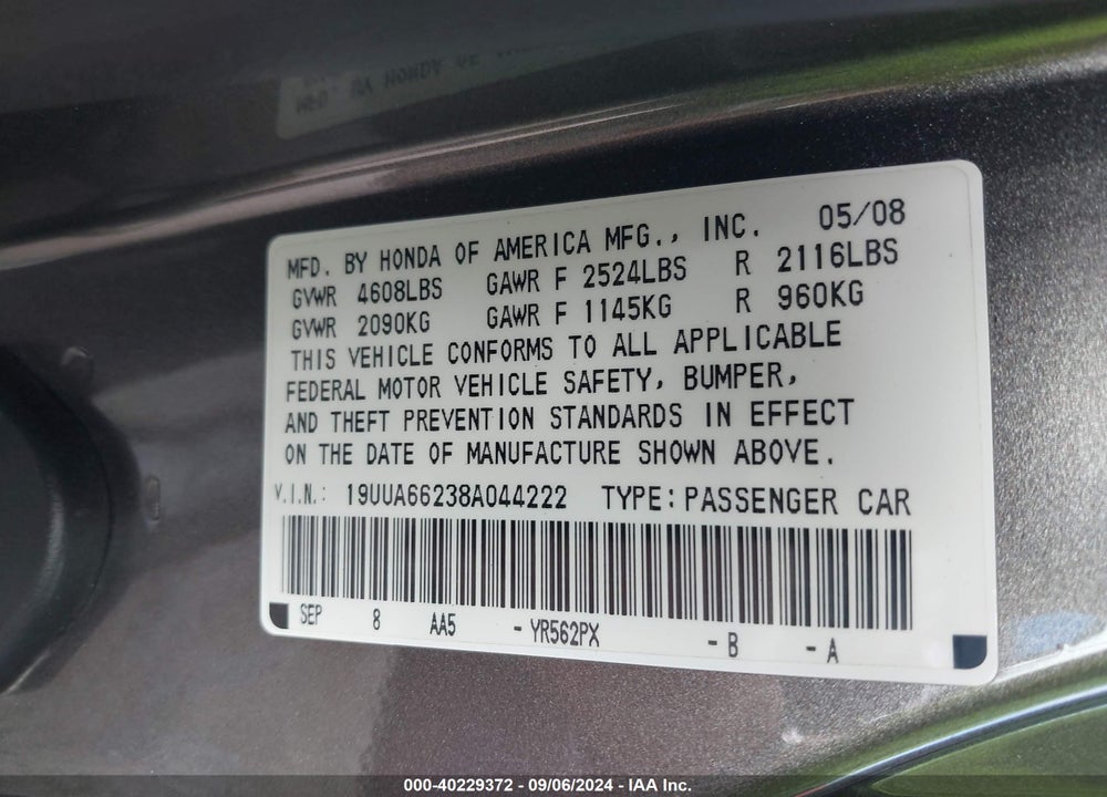 2008 ACURA TL 3.2 VIN: 19UUA66238A044222