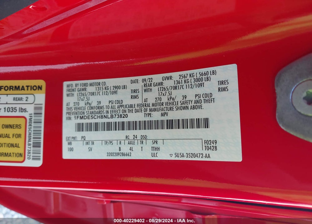 2022 FORD BRONCO BLACK DIAMOND VIN: 1FMDE5CH8NLB73820