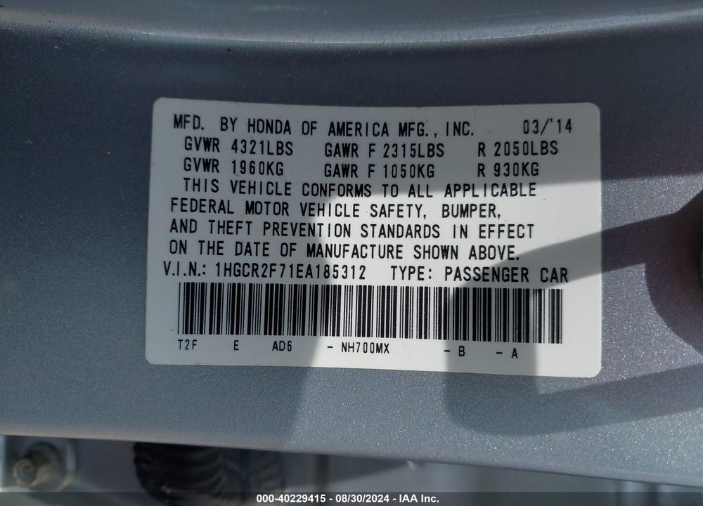 2014 HONDA ACCORD EX VIN: 1HGCR2F71EA185312