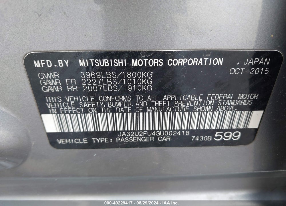 2016 MITSUBISHI LANCER ES VIN: JA32U2FU4GU002418