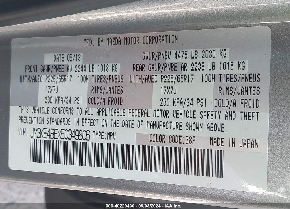 2014 MAZDA CX-5 SPORT VIN: JM3KE4BEXE0349806