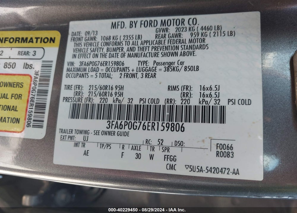 2014 FORD FUSION S VIN: 3FA6P0G76ER159806