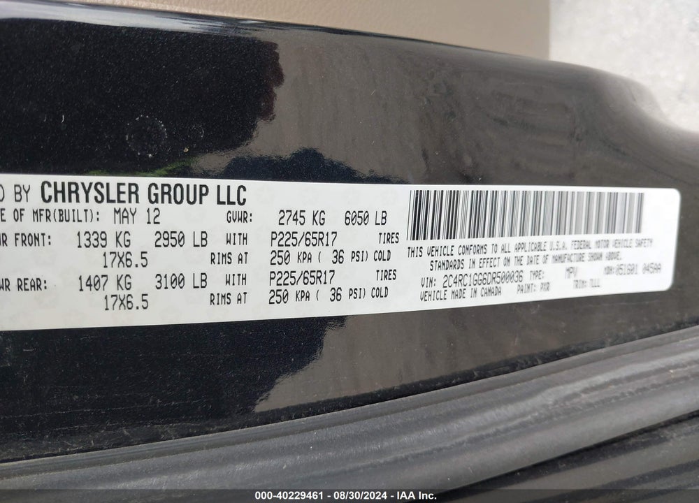 2013 CHRYSLER TOWN & COUNTRY LIMITED VIN: 2C4RC1GG6DR500036