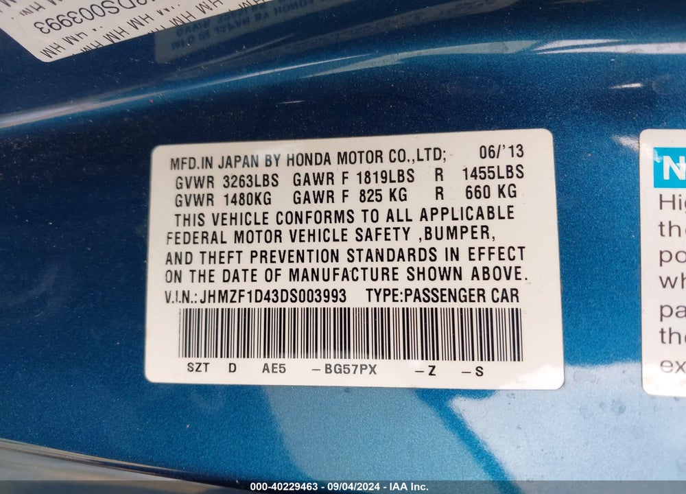 2013 HONDA CR-Z VIN: JHMZF1D43DS003993