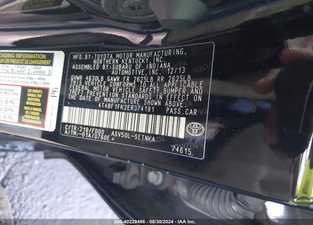 2014 TOYOTA CAMRY LE VIN: 4T4BF1FK2ER374181