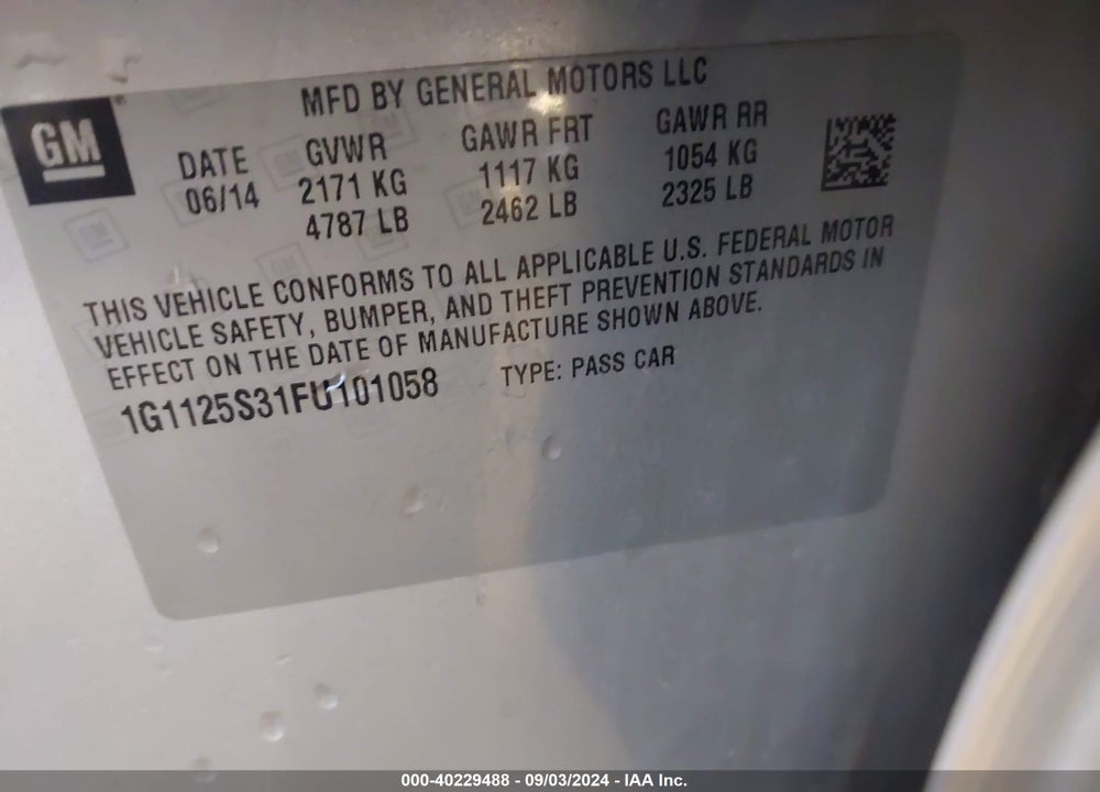 2015 CHEVROLET IMPALA 2LT VIN: 1G1125S31FU101058