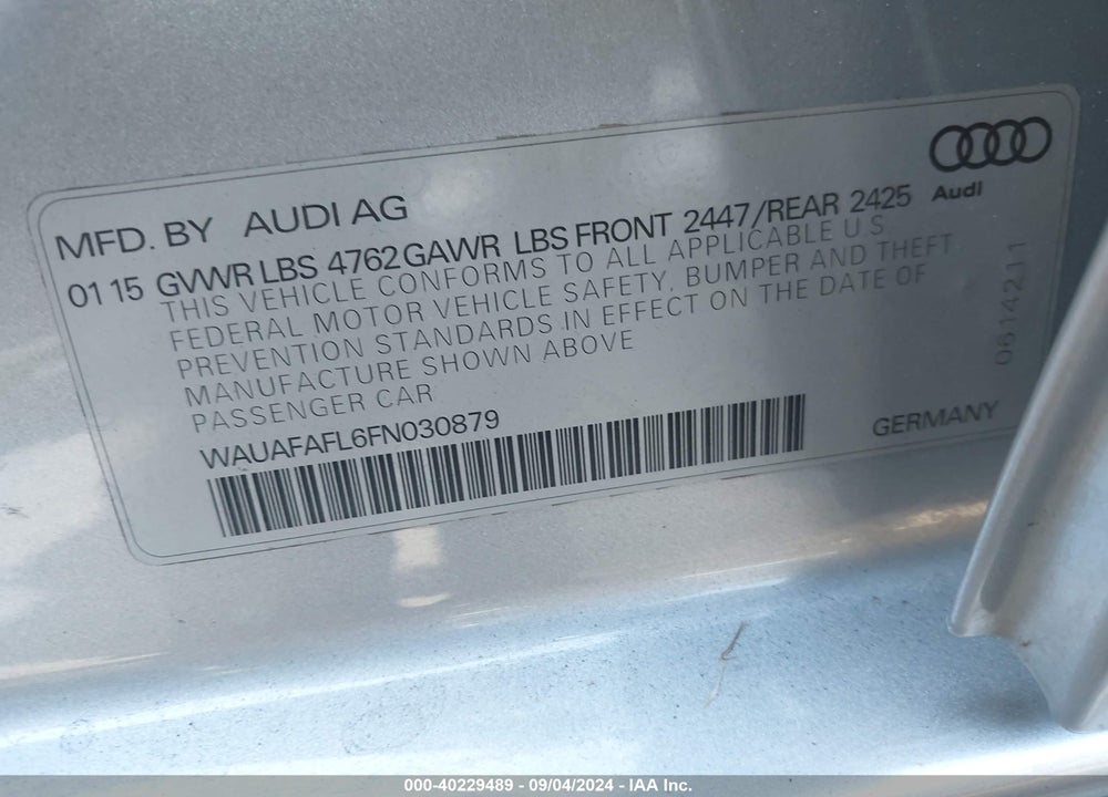 2015 AUDI A4 2.0T PREMIUM VIN: WAUAFAFL6FN030879