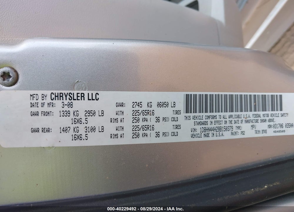 2008 DODGE GRAND CARAVAN SE VIN: 1D8HN44H28B150379