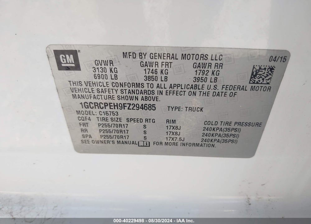 2015 CHEVROLET SILVERADO 1500 WT VIN: 1GCRCPEH9FZ294685