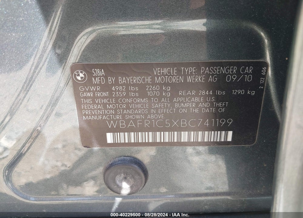 2011 BMW 528I VIN: WBAFR1C5XBC741199