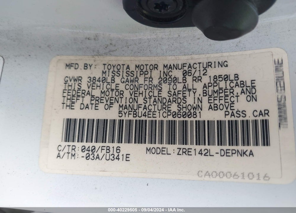 2012 TOYOTA COROLLA LE VIN: 5YFBU4EE1CP060081