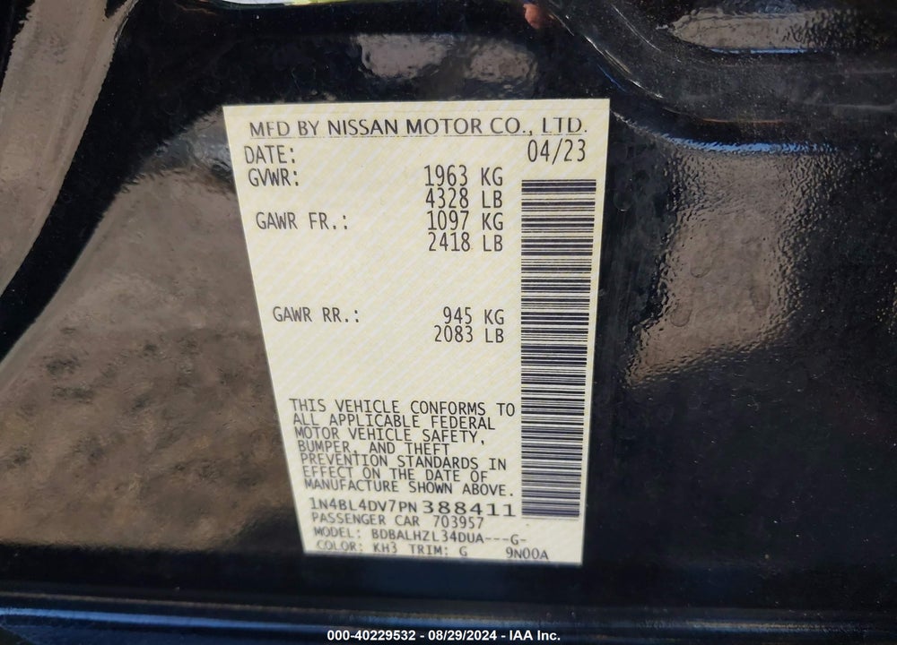 2023 NISSAN ALTIMA SV FWD VIN: 1N4BL4DV7PN388411