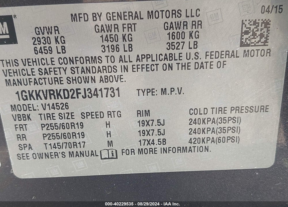 2015 GMC ACADIA SLT-1 VIN: 1GKKVRKD2FJ341731