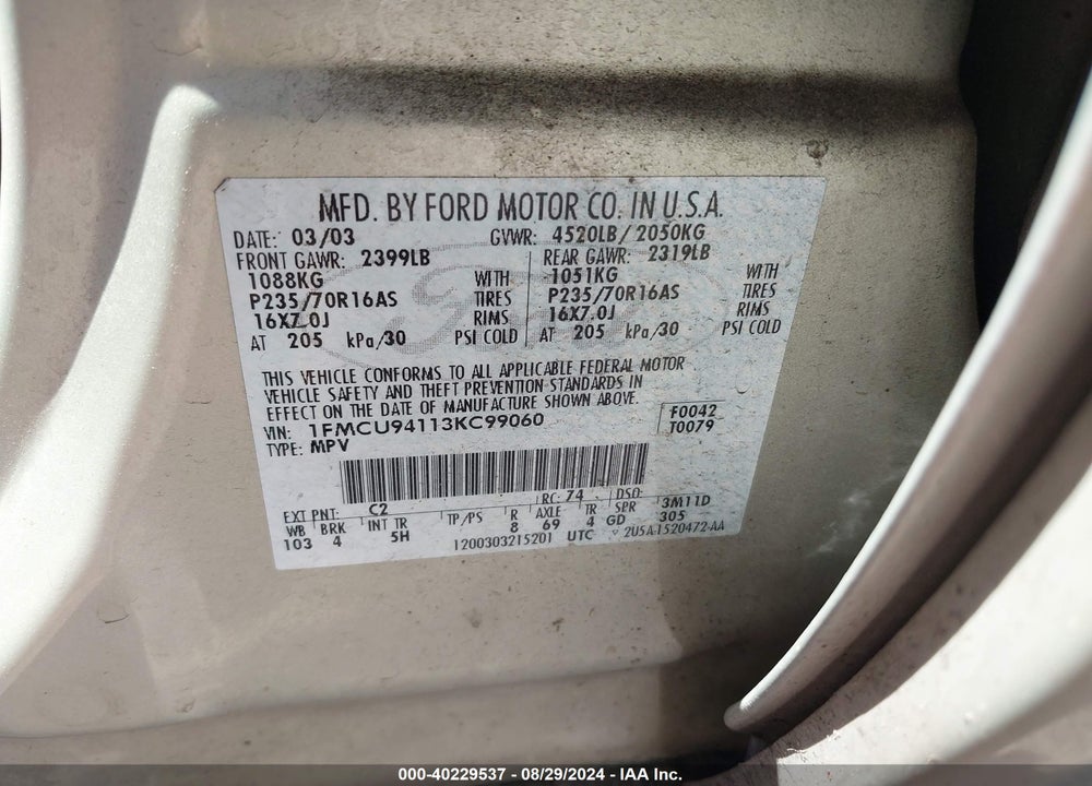 2003 FORD ESCAPE LIMITED VIN: 1FMCU94113KC99060