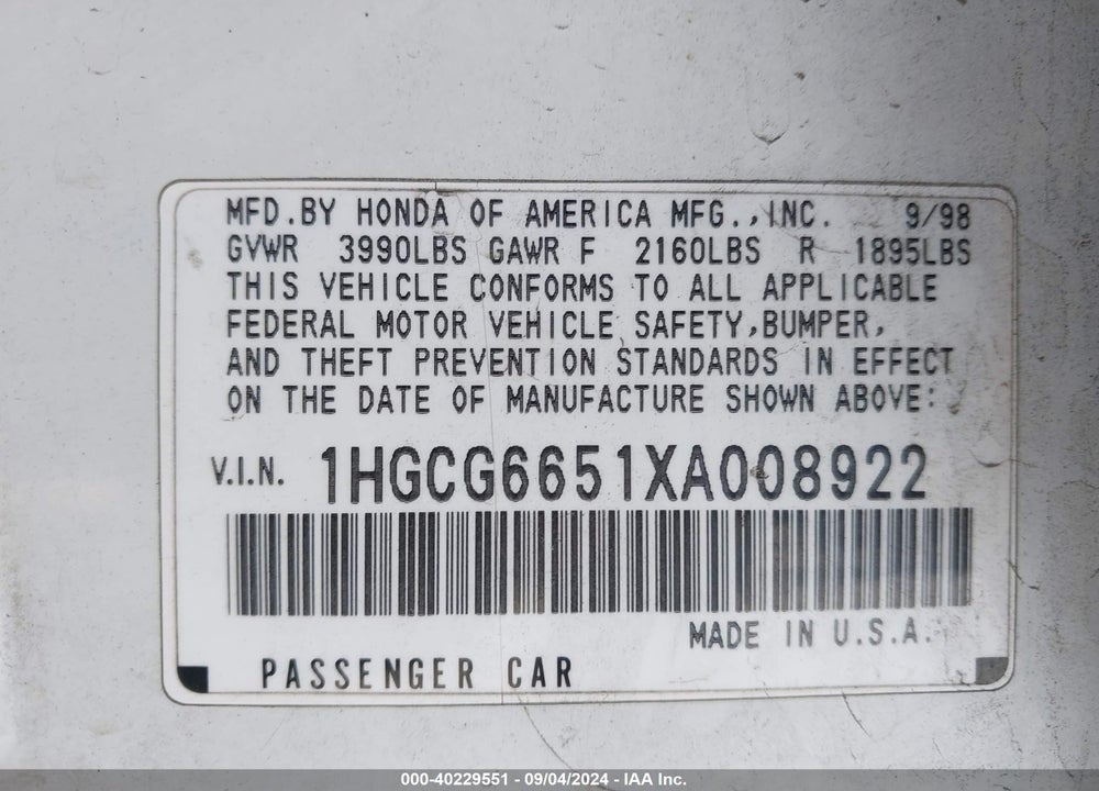 1999 HONDA ACCORD LX VIN: 1HGCG6651XA008922