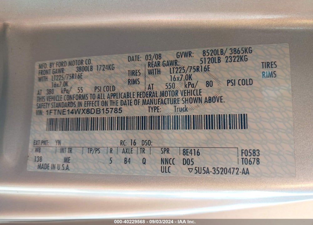 2008 FORD E-150 COMMERCIAL/RECREATIONAL VIN: 1FTNE14WX8DB15785