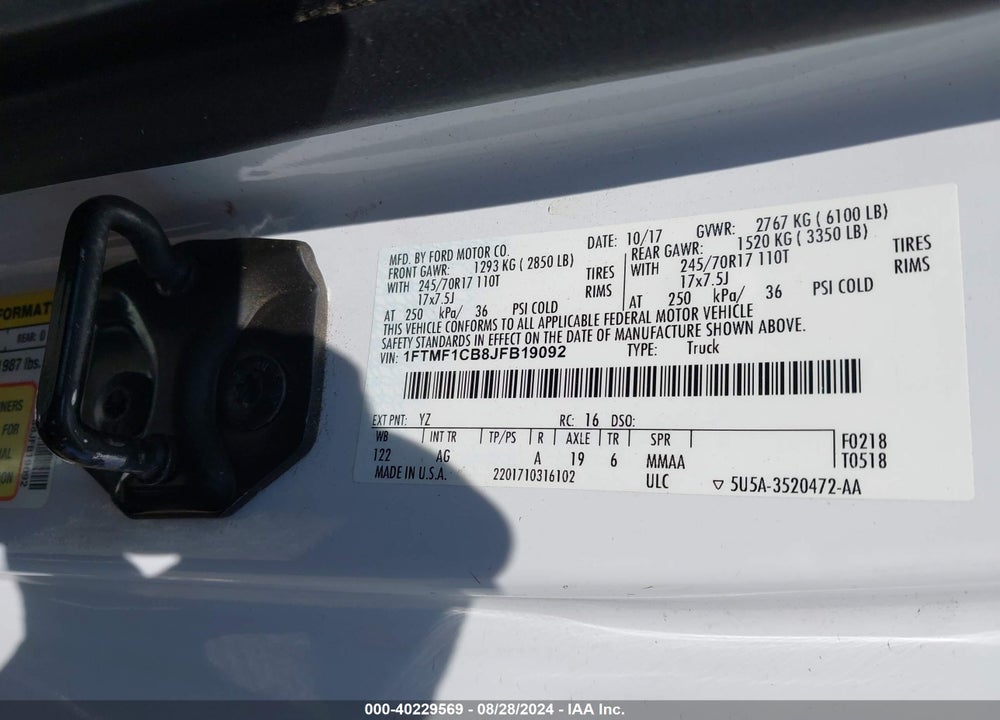 2018 FORD F-150 VIN: 1FTMF1CB8JFB19092