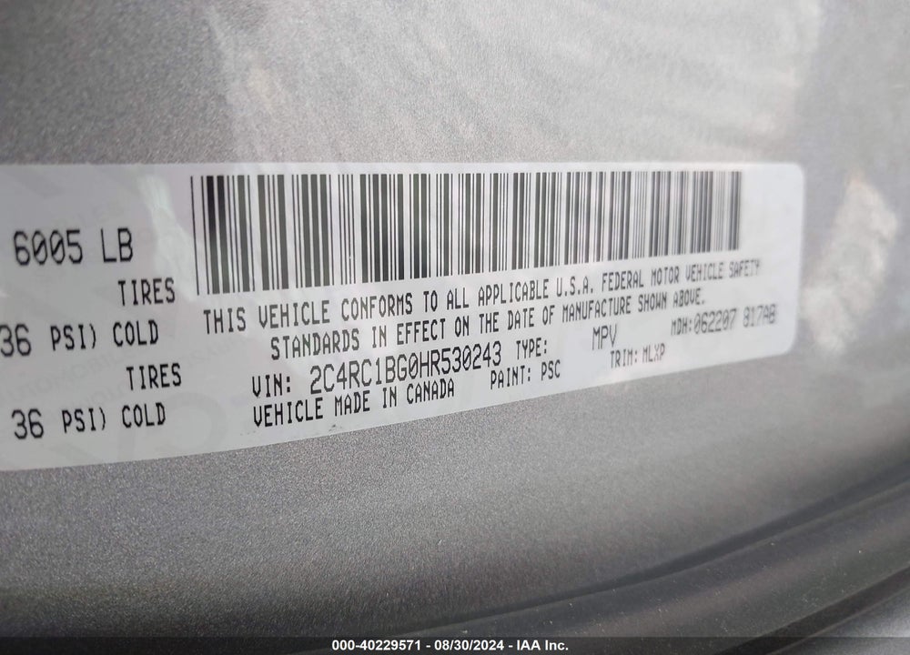 2017 CHRYSLER PACIFICA TOURING L VIN: 2C4RC1BG0HR530243