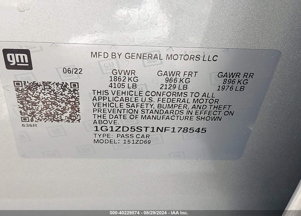 2022 CHEVROLET MALIBU VIN: 1G1ZD5ST1NF178545