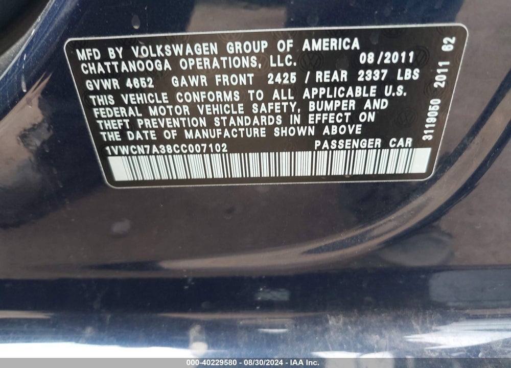 2012 VOLKSWAGEN PASSAT 2.0L TDI SEL PREMIUM VIN: 1VWCN7A38CC007102