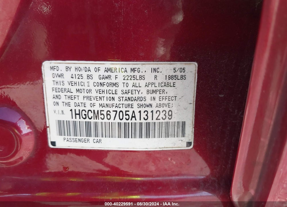 2005 HONDA ACCORD 2.4 EX VIN: 1HGCM56705A131239