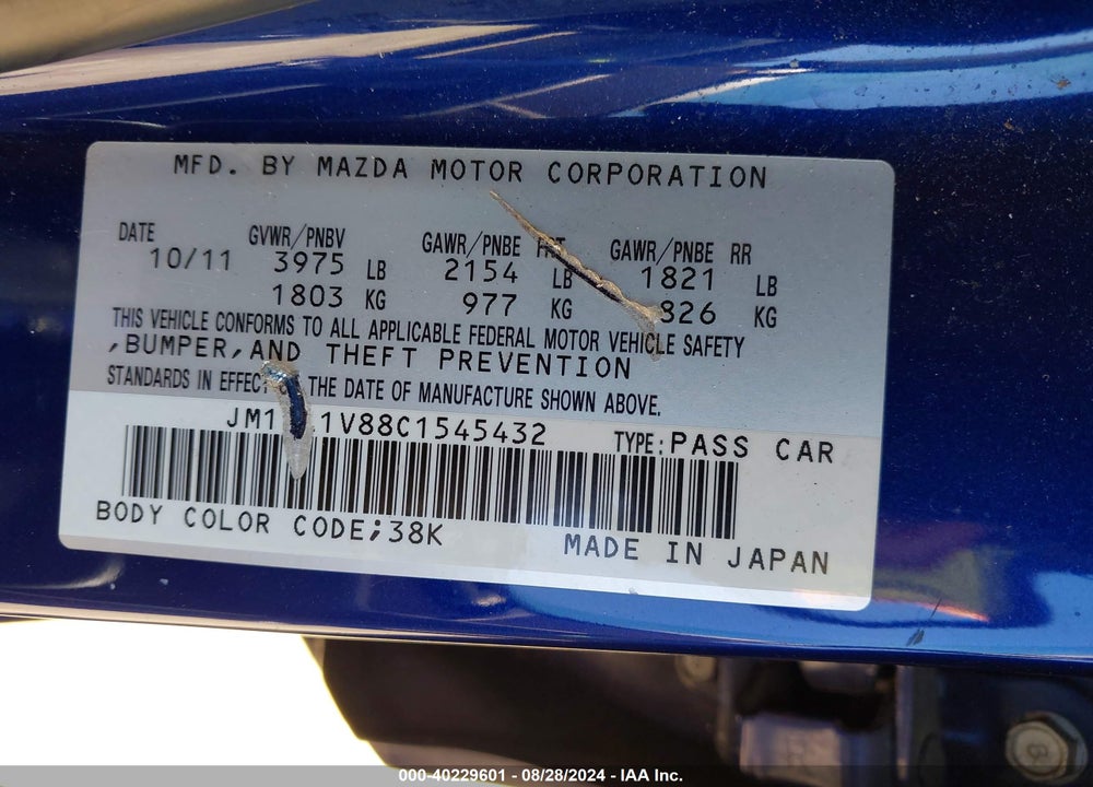 2012 MAZDA 3 I TOURING VIN: JM1BL1V88C1545432