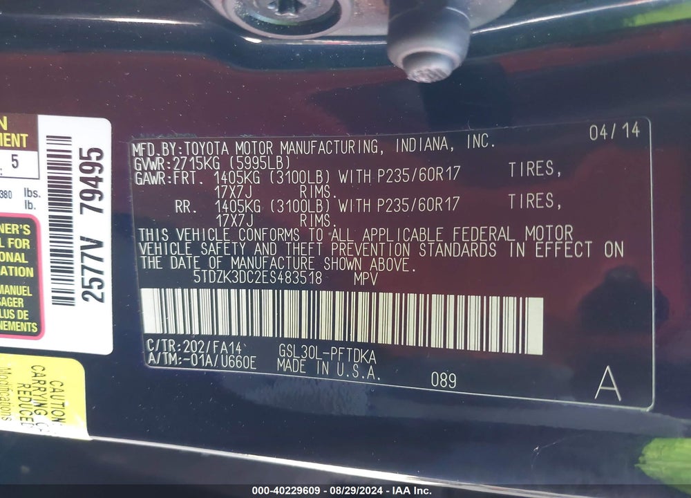 2014 TOYOTA SIENNA L V6 7 PASSENGER VIN: 5TDZK3DC2ES483518