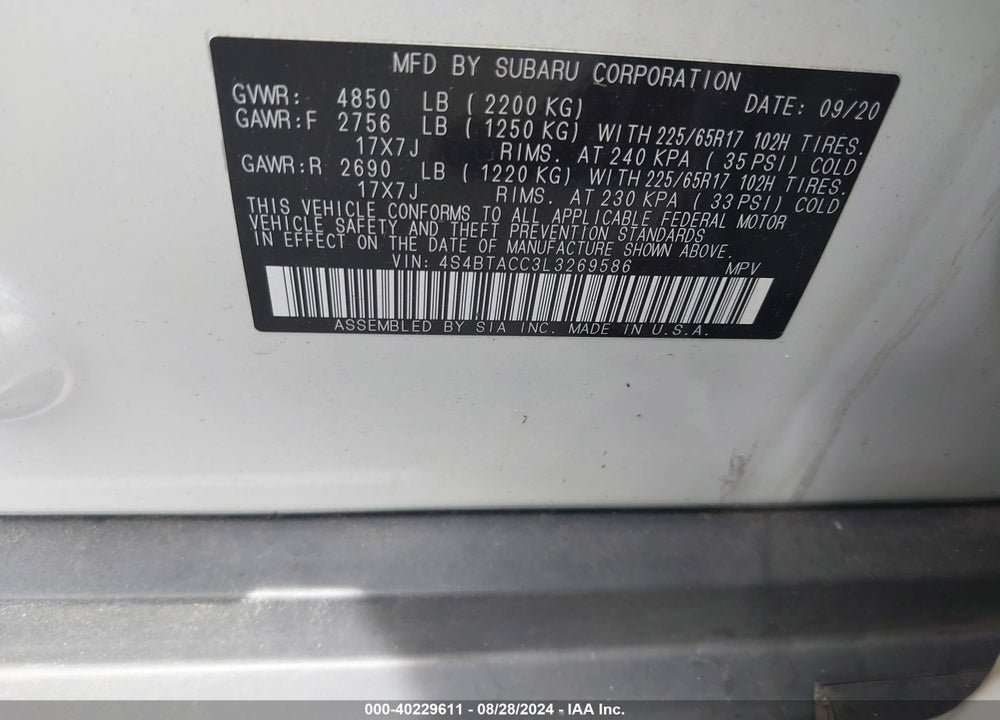 2020 SUBARU OUTBACK PREMIUM VIN: 4S4BTACC3L3269586