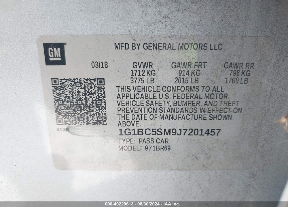 2018 CHEVROLET CRUZE VIN: 1G1BC5SM9J7201457
