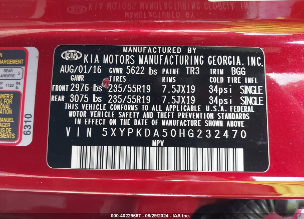 2017 KIA SORENTO 3.3L SX VIN: 5XYPKDA50HG232470