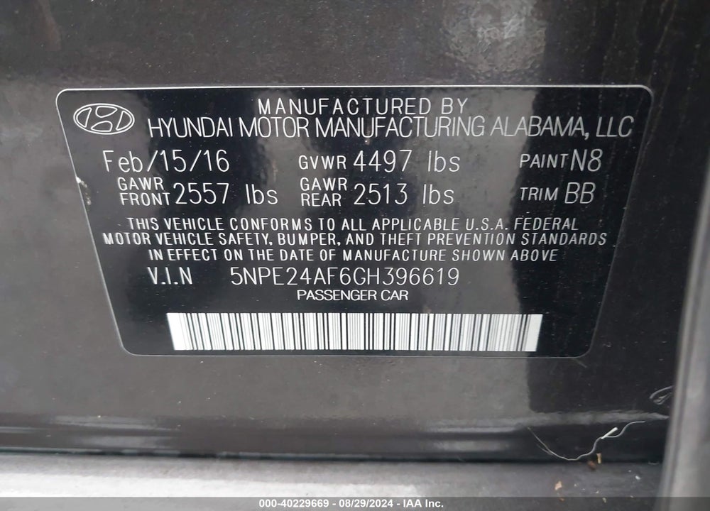 2016 HYUNDAI SONATA VIN: 5NPE24AF6GH396619
