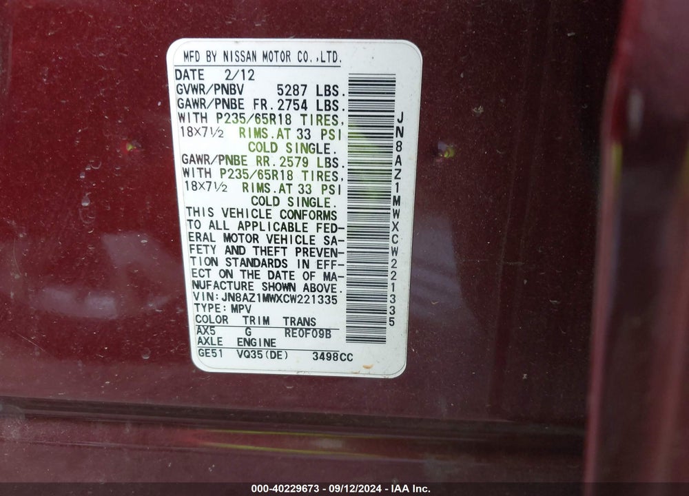 2012 NISSAN MURANO SL VIN: JN8AZ1MWXCW221335