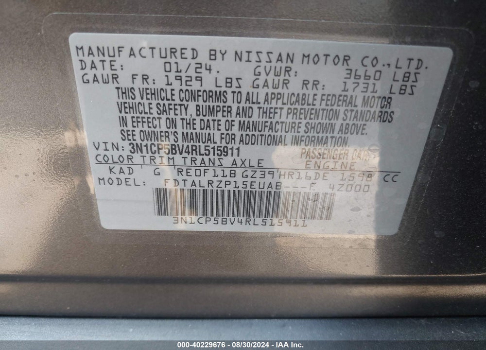 2024 NISSAN KICKS S XTRONIC CVT VIN: 3N1CP5BV4RL515911