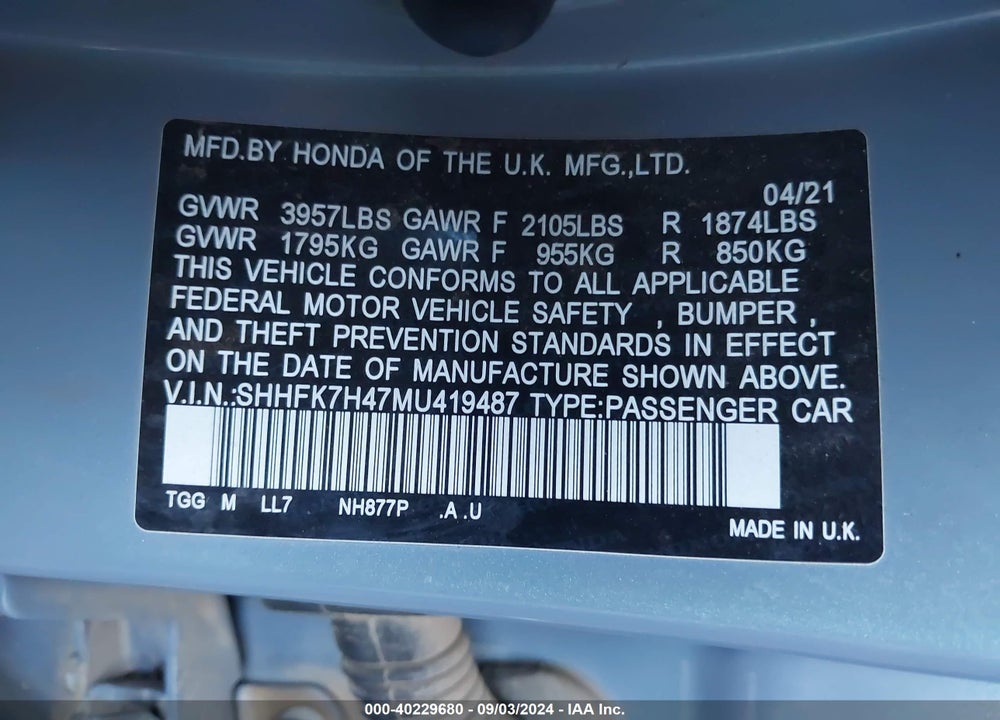2021 HONDA CIVIC SPORT VIN: SHHFK7H47MU419487
