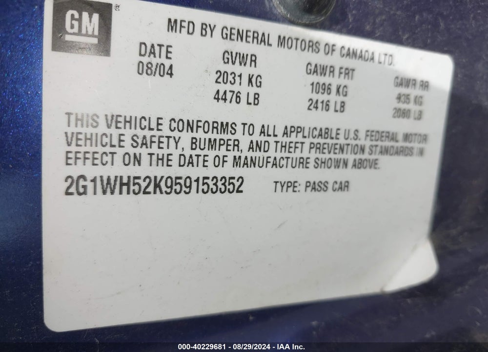 2005 CHEVROLET IMPALA LS VIN: 2G1WH52K959153352