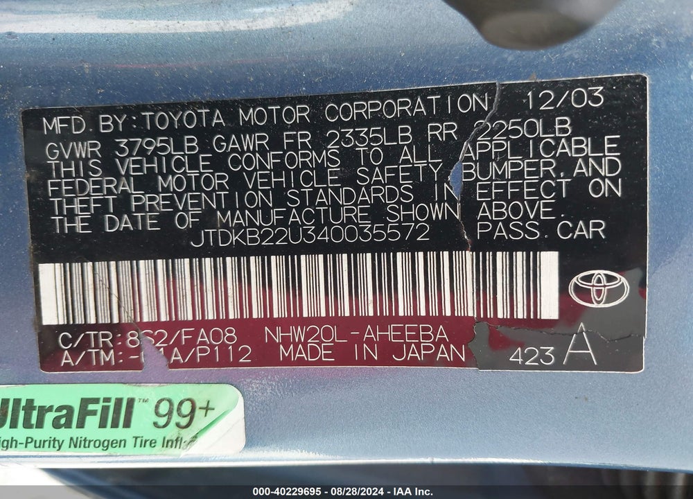 2004 TOYOTA PRIUS VIN: JTDKB22U340035572