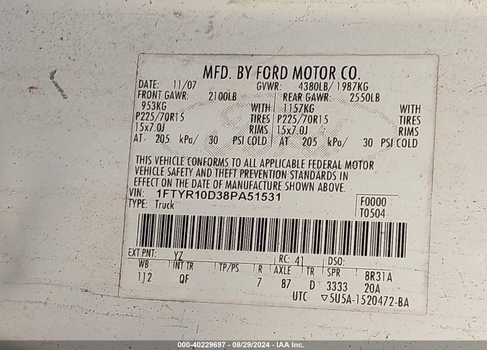 2008 FORD RANGER XL/XLT VIN: 1FTYR10D38PA51531